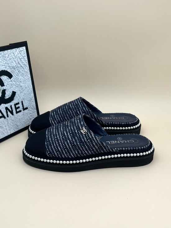 CHANEL Shoes - 🚩steal CHANEL Navy Tweed Pearl-Trim Slide Mules